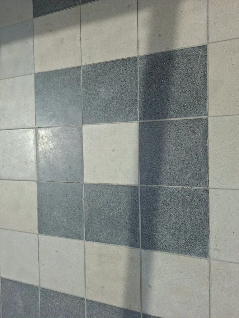 Geometrijski raspored svetlih i tamnih teraco ploča na peronu u Subotici