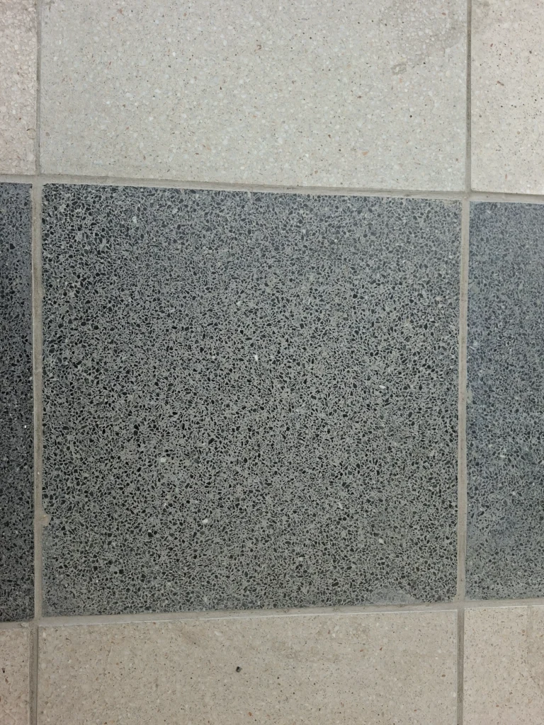 Detalj tamne teraco ploče ugrađene na Železničkoj stanici u Subotici